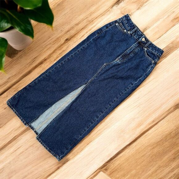 H&M A Line Denim Midi Skirt 0 Front Slit Cotton Dark - Picture 1 of 7